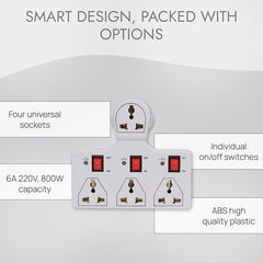 Digiway 4 Universal Socket 3 Switch Multi Plug Extension Board/Multiplug