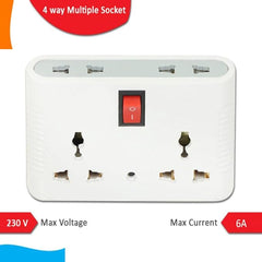 Digiway 4 Way Universal Sockets Power Plug with Rocker Switch, Safety Design and LED Indicator Multitasking Extension to Power Multiple Devices at Once