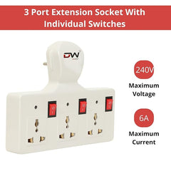 Digiway Three pin Multi Plug Point | Cordless Wall Socket Multi Outlet Extension Board, Universal Sockets and Individual Switches
