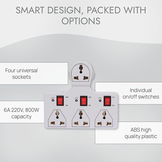 Digiway 4 Universal Socket 3 Switch Multi Plug Extension Board/Multiplug