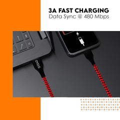 Digiway OYDiS USB Type C, Braided Sync & 3A Quick Charging Cable, (1M), Compatible with all C type devices, Rapid Data Transmission (Red & Black)
