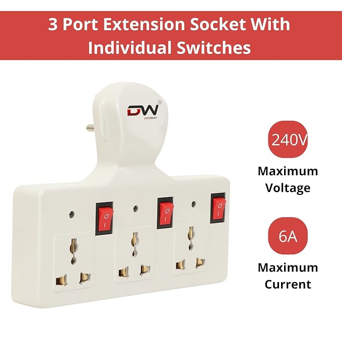 Digiway Three pin Multi Plug Point | Cordless Wall Socket Multi Outlet Extension Board, Universal Sockets and Individual Switches