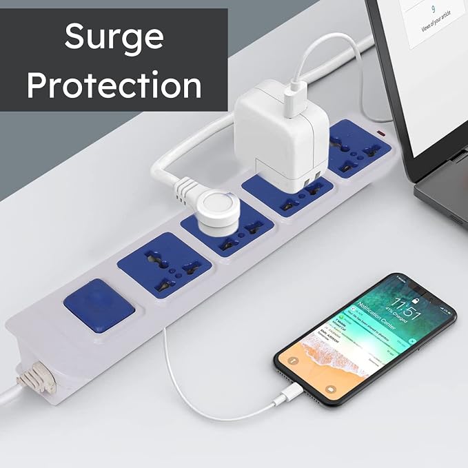 Digiway 4+1 Power Strip with Master Switch, 4 International Sockets, Thermal Protection & Surge Protector, Power Indicator, 2.5M Cord, White