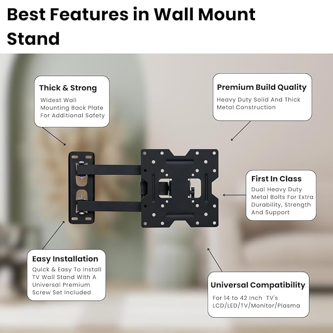 Heavy Duty TV Wall Mount Stand for 14 to 42 Inch LED/HD/Smart TV’s, Full Motion(Left/Right) Universal TV Wall Mount Bracket